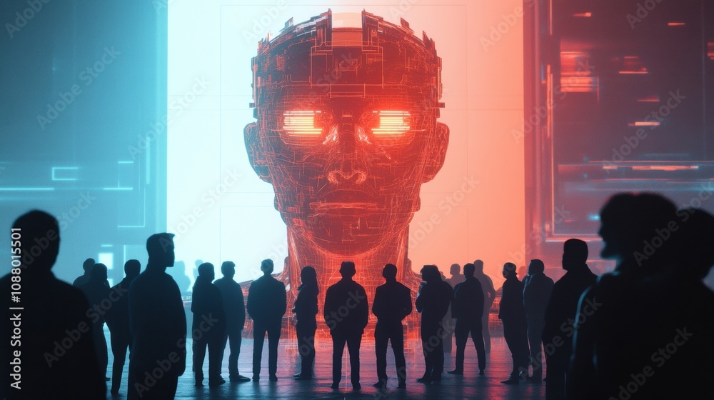 Aufkleber a crowd stands together, captivated by a striking abstract ai installation that glows with vibrant c