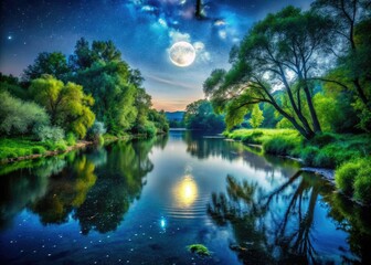 Obraz premium Serene Night Photography of a Tranquil River Scene with Reflective Water, Vibrant Greenery, and Peaceful Foliage Illuminated by Moonlight