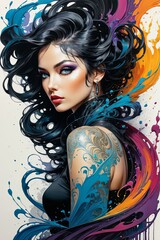 Expressive illustration of a striking female figure with bold makeup and colorful flowing hair, ideal for advertising, fashion, and artistic inspirations.