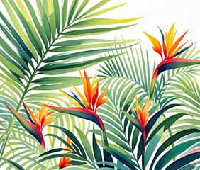 Collection of tropical plants on a white background. Hand-painted watercolor painting, summer clip art, palm leaves