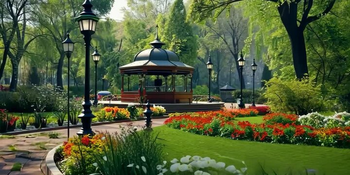 Park with a historic bandstand and flowerbeds, 4K , Video