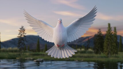 Fototapeta premium White Dove Flying Gracefully Over a Tranquil Lake with Scenic Forest Background
