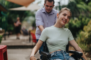 Obraz premium A joyful boy with Down syndrome pushes a smiling girl in a wheelchair through a park. Friendship, support, and inclusion are beautifully portrayed in this uplifting outdoor scene.