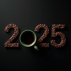 year 2025 made of coffee beans with green cup mug of black coffee instead of 0, black background, top view. holiday offers on coffee during holidays in 2025, New Year 2025, coffee branding concept.