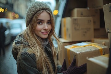 A delighted young woman standing outside, taking her delivery box from a professional courier by the gate