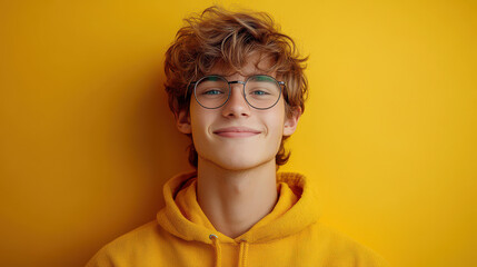 A joyful young man with stylish hair and glasses exudes confidence in his fashionable outfit against a clean backdrop.