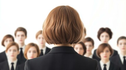 A focused woman in a black suit is coaching a group, her brown hair flowing freely as they engage in the session.