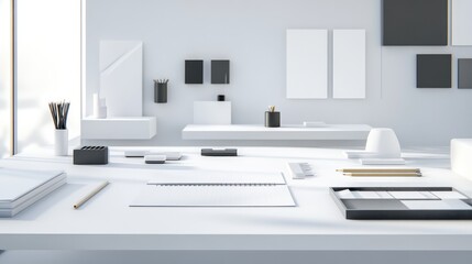 Aesthetic Minimalist Workspace with Sleek Design Elements, Clean Lines, and Organized Supplies in a Bright and Airy Environment for Creative Inspiration