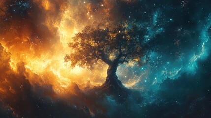 Naklejka premium A lone tree stands tall against a backdrop of swirling orange and blue nebulae, its branches reaching towards a sky filled with stars.