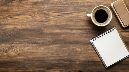 Cozy Workspace Setup Featuring a Cup of Coffee, Notebook, and Wooden Desk Background for Creative Inspiration and Productive Workflow