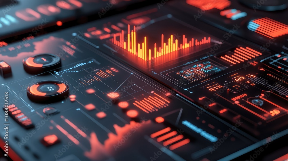 Poster futuristic dashboard interface displaying data trends and analytics in vivid red and black colors wi