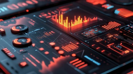 Futuristic Dashboard Interface Displaying Data Trends and Analytics in Vivid Red and Black Colors with Interactive Elements