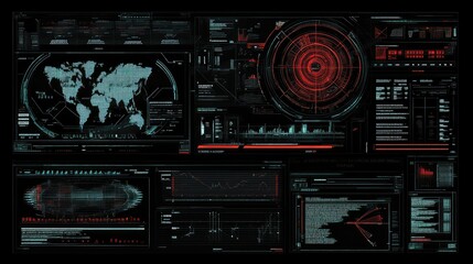 Obraz premium Detailed Dark-Themed Technology Interface with World Map, Data Visualizations, Graphs, and Digital Readouts for Cybersecurity and Data Analysis Projects