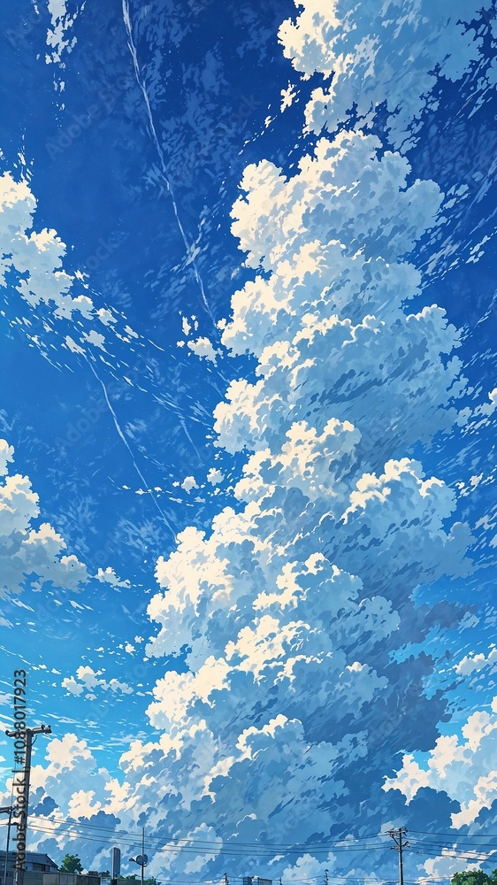 Wall mural Dreamy Clouds Floating in a Vast Blue Sky Painting Anime Wallpaper Illustration