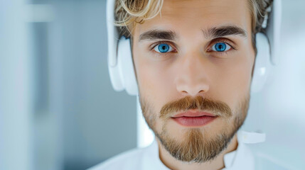 Skilled male customer service agent wearing headphones, focused on calls in a vibrant call center environment.