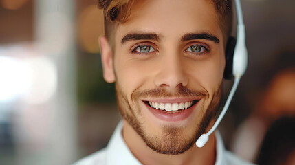 Energetic young agent with a bright smile assists customers, showcasing excellent service and communication skills.