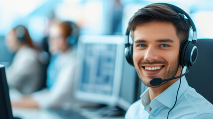 Energetic young agent with a bright smile assists customers, showcasing excellent service and communication skills.