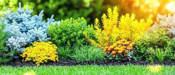 Obraz premium Vibrant Garden Bed with Colorful Flowering Plants and Lush Green Foliage Under Bright Sunlight in a Residential Outdoor Space