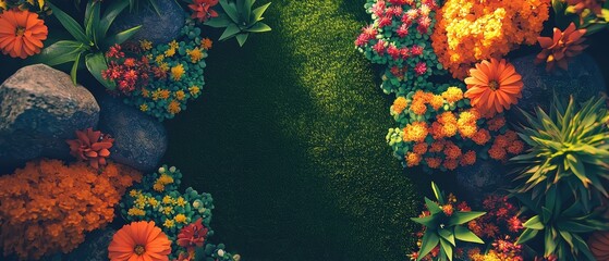 Lush Vibrant Garden Scene with Colorful Flowers and Green Grass Surrounded by Stones, Perfect for De-stressing and Nature Appreciation