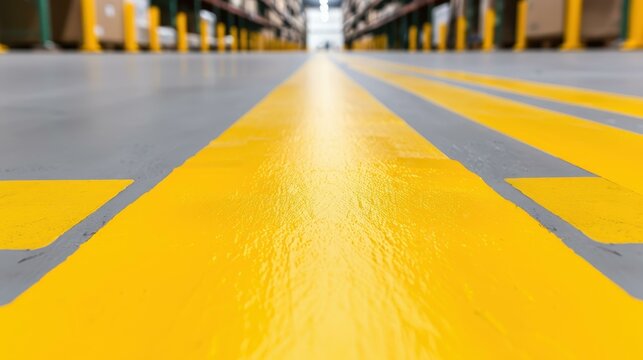 Explore a sleek modern warehouse floor featuring striking yellow markings guiding efficient movement and organization.