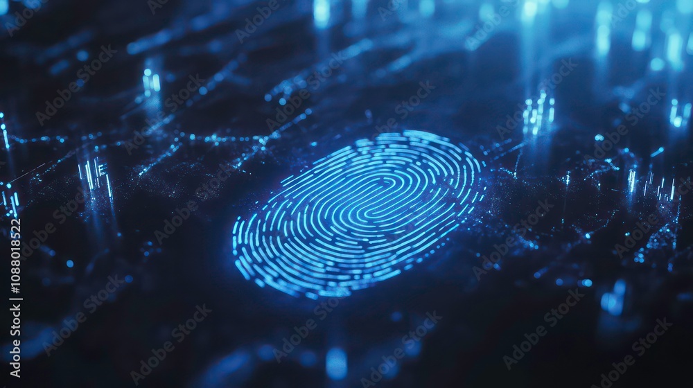 Poster abstract digital fingerprint glowing in blue with lines and data points in the background.