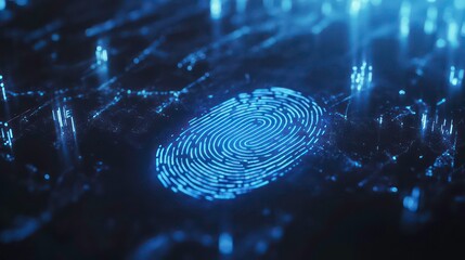 Abstract digital fingerprint glowing in blue with lines and data points in the background.