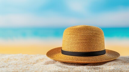 A vibrant straw hat sits atop soft sand, embodying the essence of a perfect summer vacation on a tropical beach.