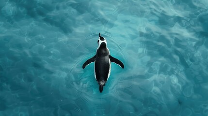 Obraz premium A stunning top view captures the Humboldt penguin gracefully diving into the water, showcasing its sleek form and playful nature.