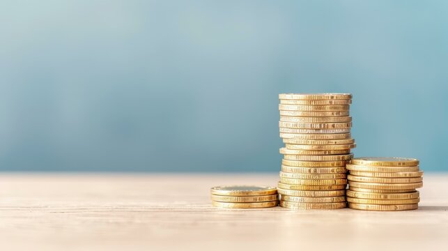 Shiny stacks of coins piled high on a desk, symbolizing wealth and the art of saving money.