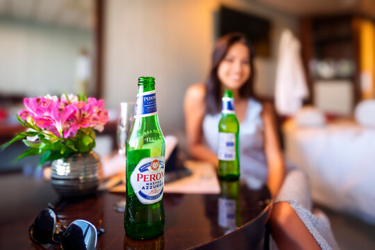 View from inside a cruise ship cabin of a table with two bottles of Peroni Beer, a brewery founded by Francesco Peroni in Vigevano, Italy, in 1846, Jume 5 2024.