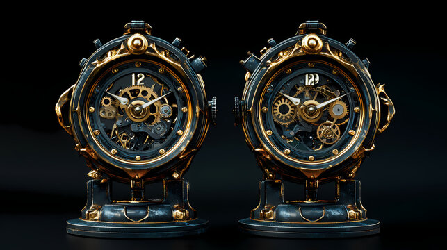 Two intricate steampunk clocks with exposed gears on a dark background , steampunk, clocks, gears, industrial. Steampunk Clockwork Gears. Illustration