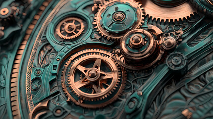 Teal and copper gears close-up, intricate steampunk design. Steampunk Clockwork Gears. Illustration