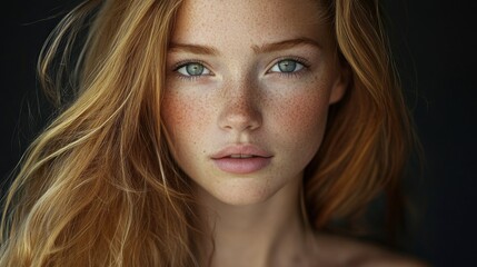 Fototapeta premium Close-up Portrait of a Young Woman with Freckles and Long Red Hair