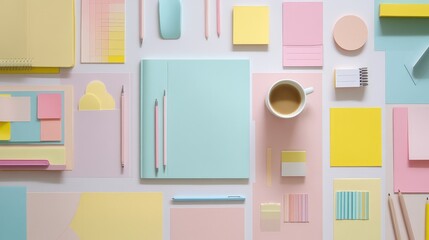 Colorful Stationery Arrangement on a White Background Featuring Notebooks, Sticky Notes, Pens, and a Coffee Mug in Pastel Shades of Blue, Pink, and Yellow