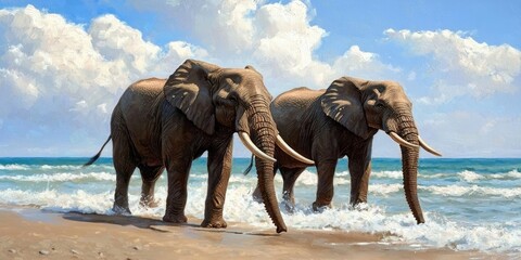 Fototapeta premium Animals pets migration concept. Two elephants walk along a sandy beach, gently splashing in the waves under a bright blue sky filled with fluffy clouds.