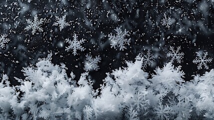 A serene winter scene with falling snowflakes and a snowy ground, evoking a peaceful, cold atmosphere.