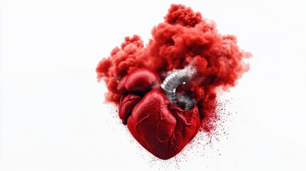 A vivid depiction of a heart exploding with red smoke, symbolizing intense emotion and passion, capturing both beauty and chaos.