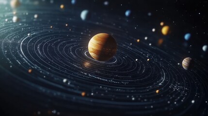 Obraz premium Stunning Cosmic Dance of Planets with Orbiting Celestial Bodies in a Beautifully Rendered Galactic Illustration with Vibrant Colors and Depth