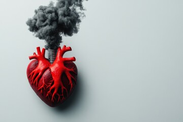 A surreal depiction of a red heart emitting smoke, symbolizing distress or turmoil, combining elements of anatomy and mechanical imagery.