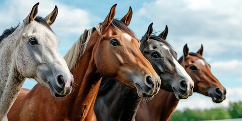Fototapeta premium Animals pets migration concept. Four horses of different colors stand side by side, showcasing their beauty against a clear sky.