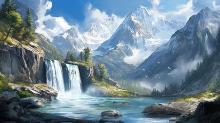 Fototapeta premium Majestic Mountain Landscape with Cascading Waterfall and Clear Blue Lake Surrounded by Lush Greenery and Snow-Capped Peaks Under a Bright Sky
