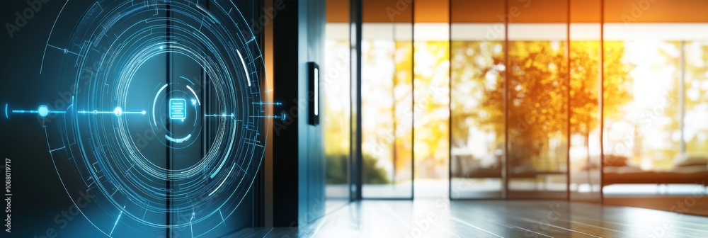 Poster the entrance showcases cutting-edge security technology with cameras, motion sensors, and a fingerpr
