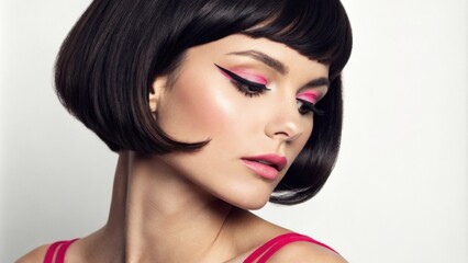 Fototapeta premium This captivating image portrays a woman with a sleek bob hairstyle and a minimalistic outfit. Her makeup is classic with soft peach blush and subtly defined eyes. A line of neon