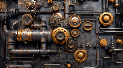 Intricate steampunk machinery with gears and pipes in vintage industrial engineering texture. Steampunk Clockwork Gears. Illustration