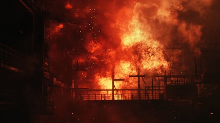 Fototapeta premium Bright flames and molten steel erupt from an industrial furnace at a steel mill during nighttime, showcasing intense manufacturing activity. Generative AI