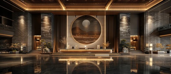 Modern Asian-inspired hotel lobby interior design with circular artwork and minimalist decor. Luxury hotel design ideas.