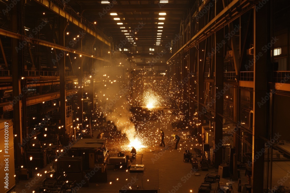 Poster welders work diligently in a large industrial workshop, creating sparks that illuminate the space du