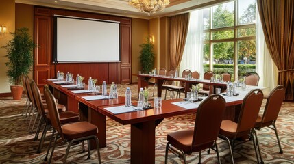 Fototapeta premium Modern Conference Room Setup with Large Windows, Natural Light, and Elegant Decor Ideal for Business Meetings and Corporate Events