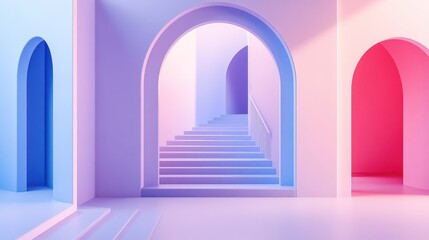 Soft Pastel Architectural Interior with Curved Arches and Stylized Stairs, Creating an Ethereal and Dreamlike Atmosphere in Vivid Pink and Blue Hues