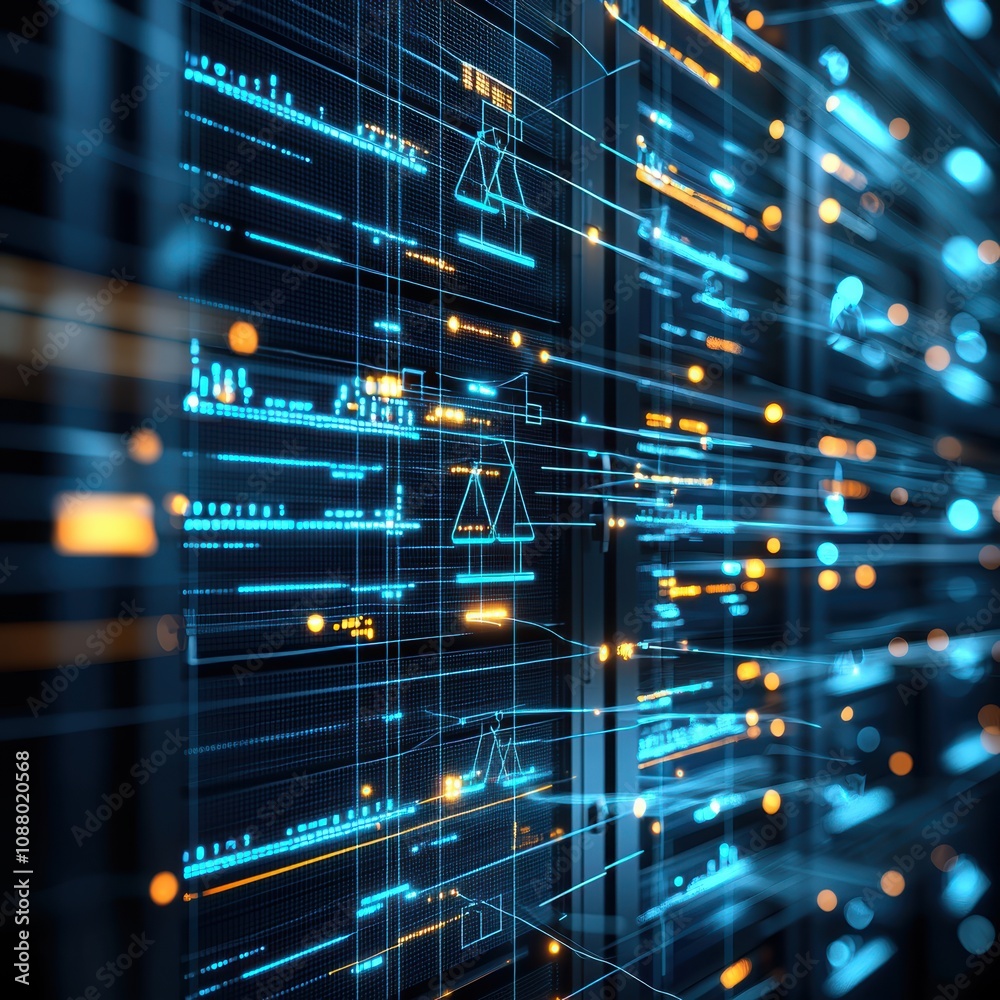 Poster abstract digital background featuring futuristic data visualization with neon elements and geometric